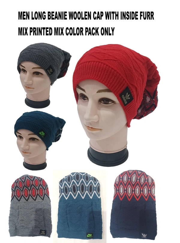 Men Long Beanie Cap With Inside Furr Mix Color Mix Printed Pack Only - Long Beanie, 6
