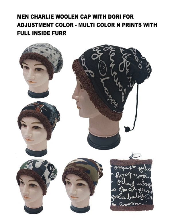 Men Charlie Woolen Cap With Dori For Adjustment Color - Multi Color N Prints With Full Inside Furr - Free, 6