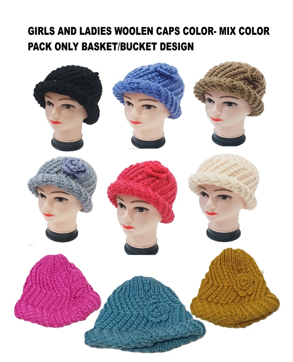 Girls And Ladies Woolen Caps Color- Mix Color Pack Only Basket/Bucket Design - Free, 6
