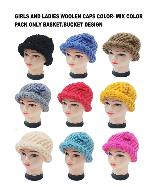 Girls And Ladies Woolen Caps Color- Mix Color Pack Only Basket/Bucket Design - Free, 6