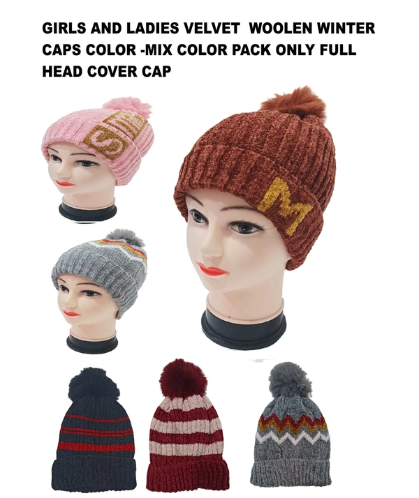 Girls And Ladies Woolen Caps With Inside Furr Mix Color Pack Only - Free, 6