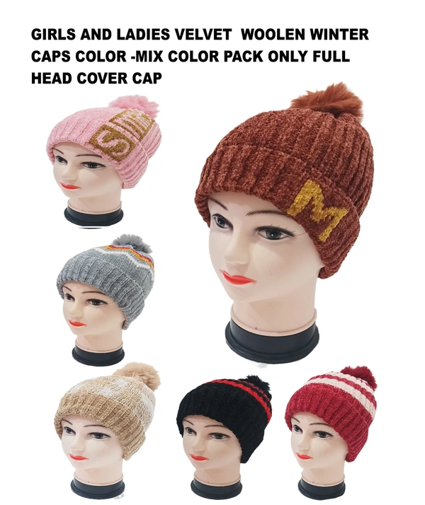 Girls And Ladies Woolen Caps With Inside Furr Mix Color Pack Only - Free, 6