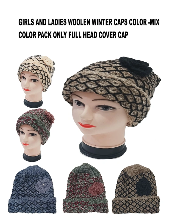 Girls And Ladies Woolen Caps With Inside Furr Mix Color Pack Only - Free, 6