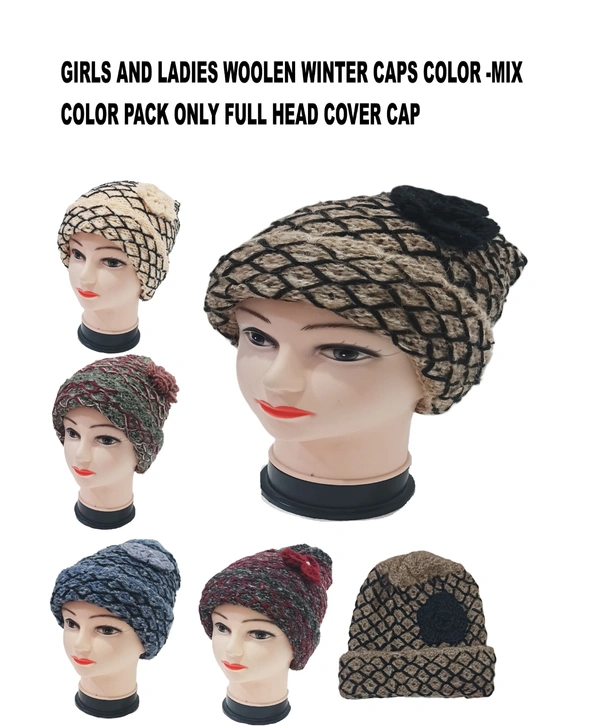 Girls And Ladies Woolen Caps With Inside Furr Mix Color Pack Only - Free, 6