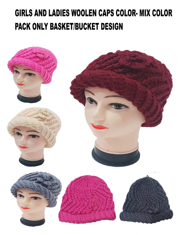 Girls And Ladies Woolen Caps Color- Mix Color Pack Only Basket/Bucket Design - Free, 6