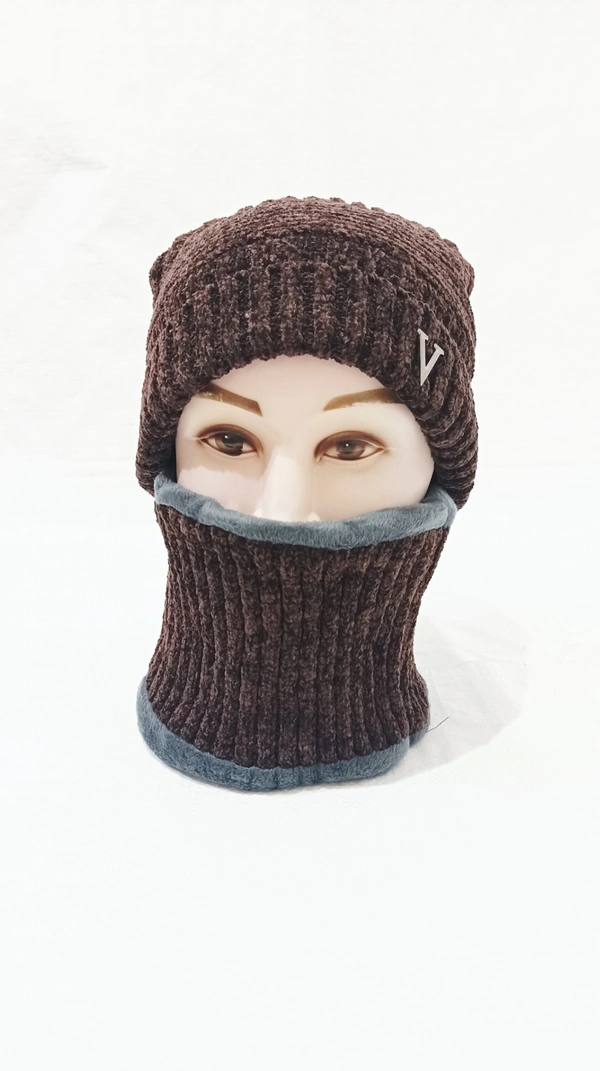 Soft Velvet Men Woolen Cap With Neck Warmer And Cap With Inside Furr Color Brown Color Pack Only - Free, 6
