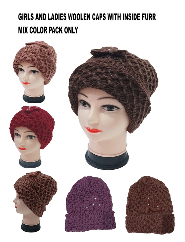 Girls And Ladies Woolen Caps With Inside Furr Mix Color Pack Only - Free, 6