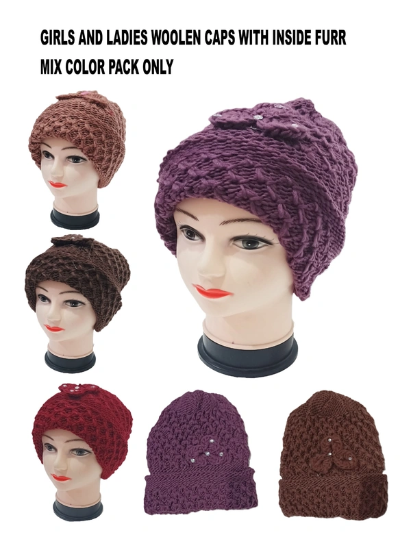 Girls And Ladies Woolen Caps With Inside Furr Mix Color Pack Only - Free, 6