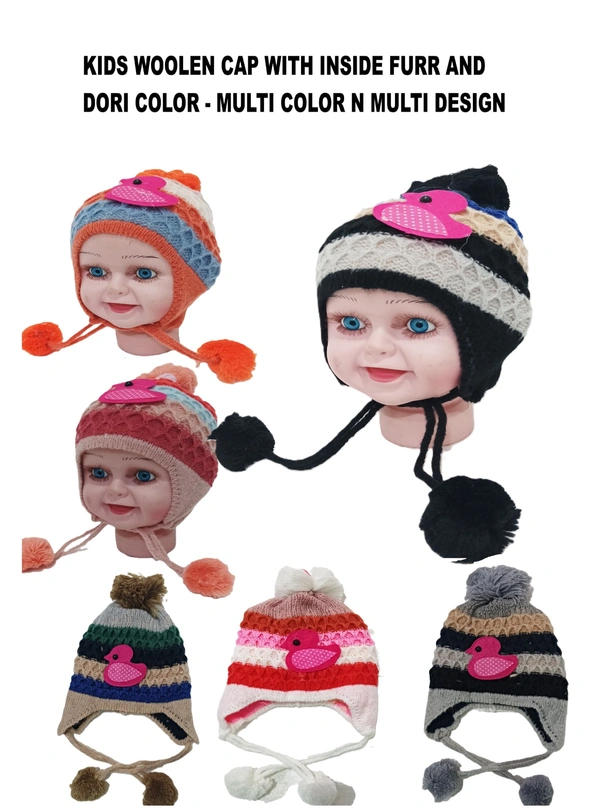 Kids Woolen Caps With Inside Furr And Dori Multi Color Multi Design - For Kids, 6