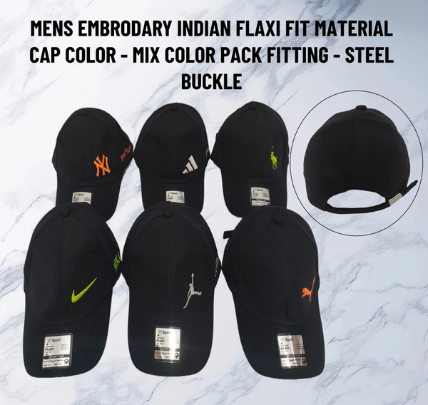 Mens Embrodary Indian Flaxi Fit Material Cap Mix Colur Pack Fitting Steel Buckle - Free, 6