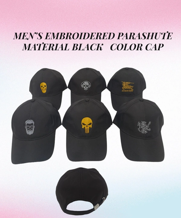 Mens Embroidered Parashut Material Black Color Cap - Free, 6