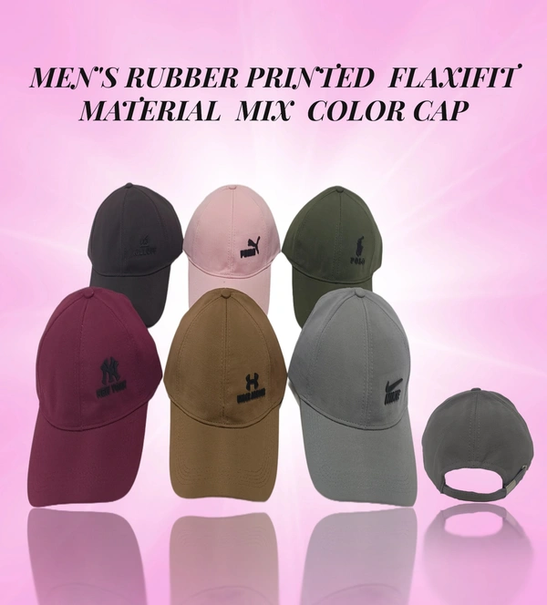 Mens Rubber Printed Flaxi Fit Material Mix Color Cap - Free, 6