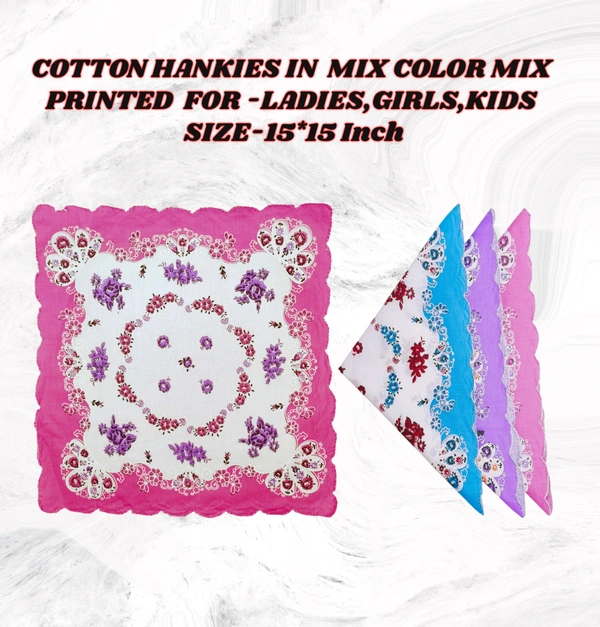 Cotton Multi Color Multi  Printed Hankies For ,Ladies ,Kids Girls - 12