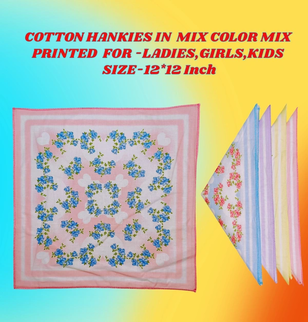 Cotton Multi Printed Hankies For Ladies ,Girls Kids - 12