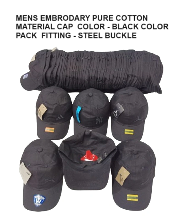 Mens Embrodary Pure Cotton  Material Cap  Color - Black Color Pack  Fitting - Steel Buckle - Free, 6