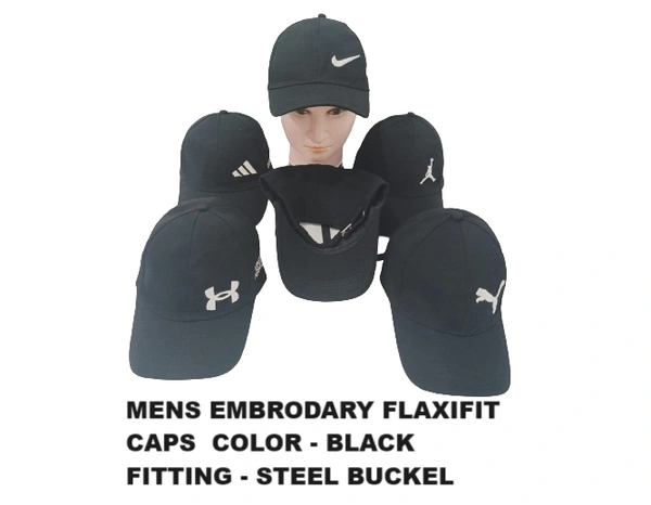 Mens Embroidered Black Color Flaxifit Caps - Free, 6