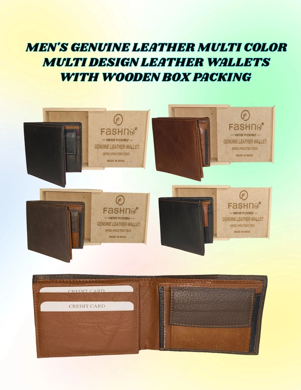 Mens  Genuine Leather Multi Color Multi Design Leather Wallets With Wooden Box Packing - Free, 6