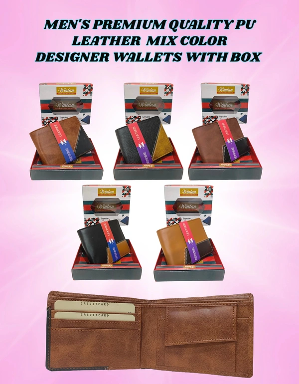 Mens  Premium Quality Pu Leather Mix Color Designer Wallets With Box - Free, 6
