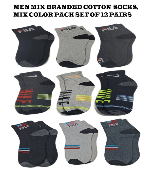 Men Premium Quality Mix Branded Cotton  Socks, Mix Color Set Of 12 Pairs - Free, 12