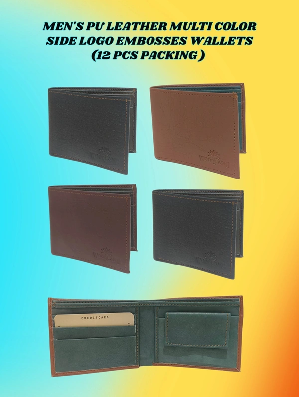 Mens  Pu Leather Multi Color Side Logo Embosses Wallets 12 Pcs Packing - Free, 6