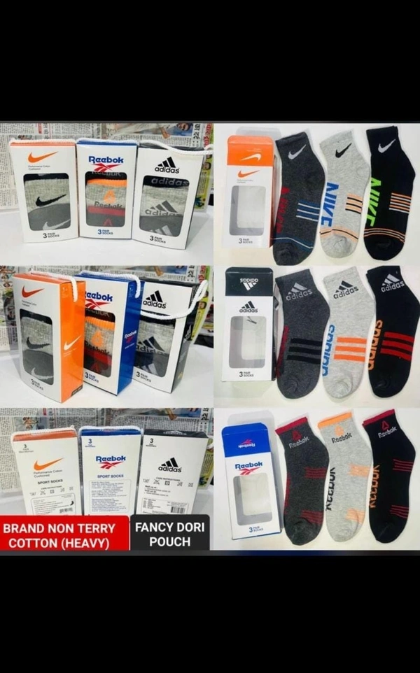 Men  Mix Branded Full Length Cotton  Socks(3 Pair In Box Packing) - Free, 12