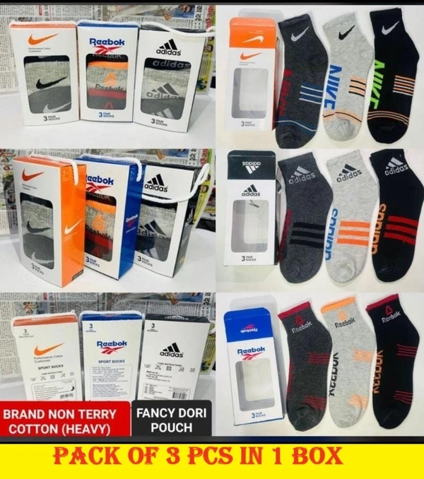 Men  Mix Branded Full Length Cotton  Socks(3 Pair In Box Packing) - Free, 12