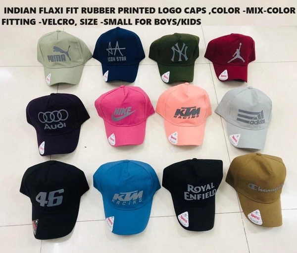 Indian Flaxi Fit Rubber Printed Logo Caps Color -Mix-  Colour Pack Fitting -Velcro Size -Small, For Boys - Free, 6