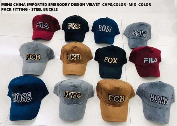 Mens China Imported Embrodry Design Velvet  Caps Color -Mix  Color Pack Fitting - Buckle - Free, 6