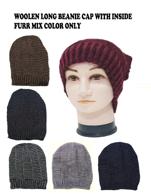 Woolen Long Beanie Cap With Inside Furr Mix Color Only - Long Beanie, 6