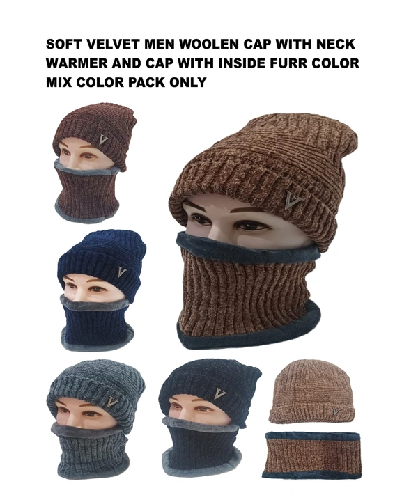 Soft Velvet Men Woolen Cap With Neck Warmer And Cap With Inside Furr Color Brown Color Pack Only - Free, 6