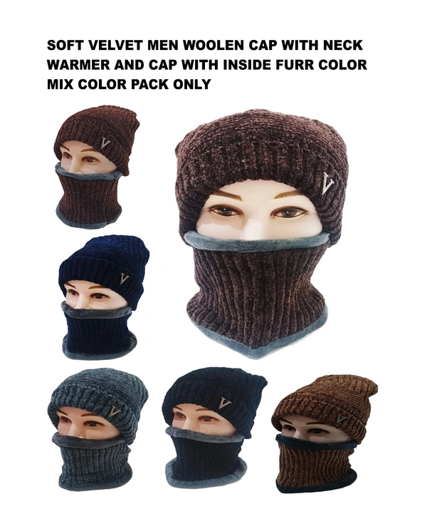 Soft Velvet Men Woolen Cap With Neck Warmer And Cap With Inside Furr Color Brown Color Pack Only - Free, 6