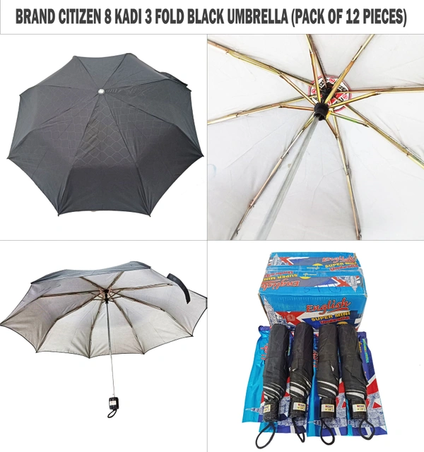 Brand Citizen 8 Kadi 3 Fold Black Umbrella (Pack Of 12 Pieces) - Free, 12