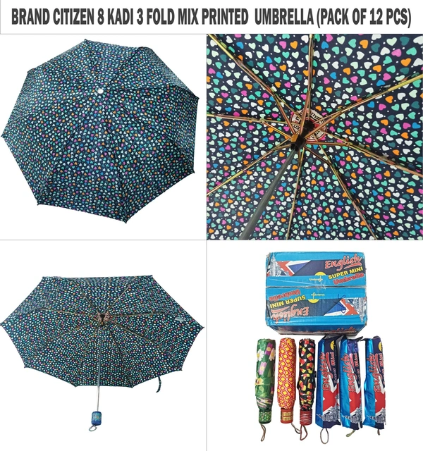 Brand Citizen 8 Kadi 3 Fold Mix Printed Umbrella (Pack Of 12 Pieces) - Free, 12