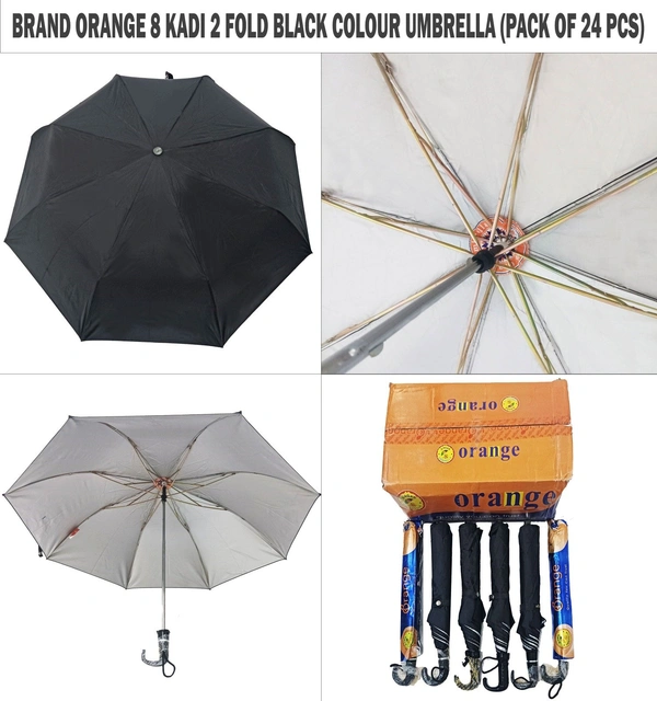 Brand Orange Manual Open 8 Kadi 2 Fold Black Color Umbrella (Pack Of 24 Pieces) - Free, 24