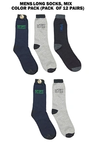 Mens Long Socks, Mix Color Pack (Pack  Of 12 Pairs) - Free, 12