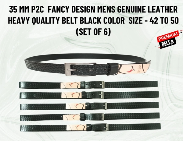 35 Mm P2C Fancy Design Mens Genuine Leather Black Color Belt - 35 MM, 12