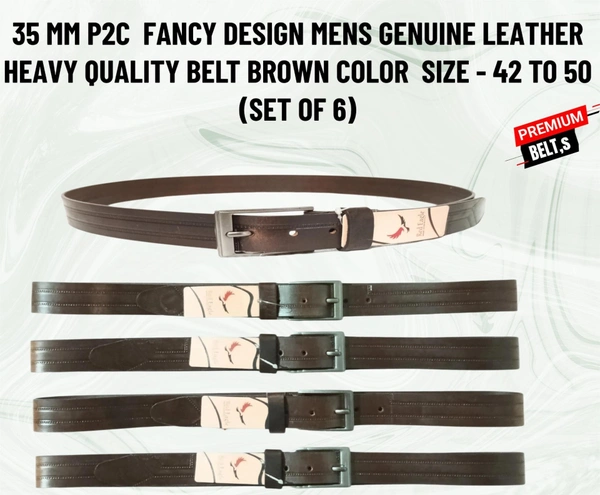 35 Mm P2C Fancy Design Mens Genuine Leather Brown Color Belt - 35 MM, 12