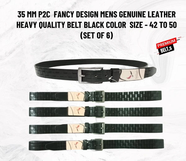 35 Mm P2C Fancy Design Mens Genuine Leather Black Color Belt - 35 MM, 12