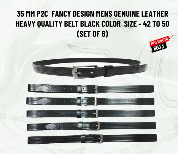 35 Mm P2C Fancy Design Mens Genuine Leather Black Color Belt - 35 MM, 12
