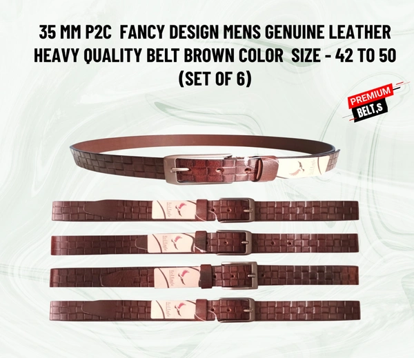 35 Mm P2C Fancy Design Mens Genuine Leather Brown Color Belt - 35 MM, 12