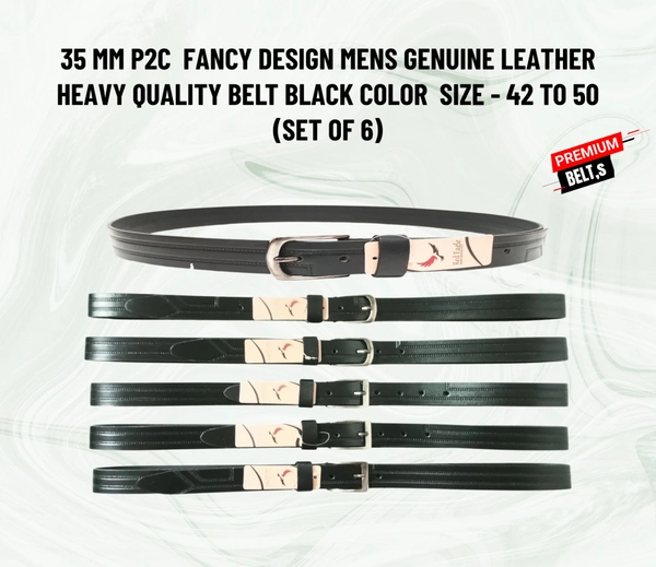 35 Mm P2C Fancy Design Mens Genuine Leather Black Color Belt - 35 MM, 12