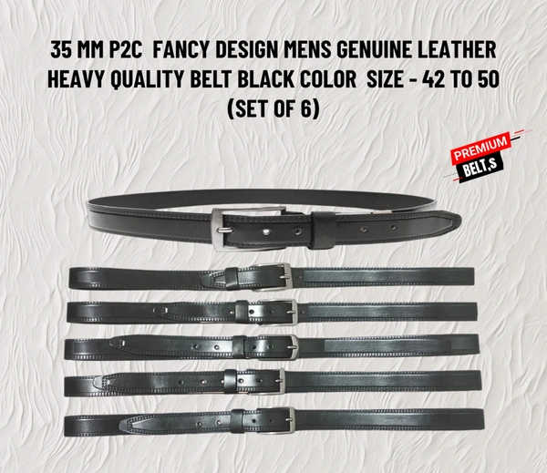 35 Mm P2C Fancy Design Mens Genuine Leather Black Color Belt - 35 MM, 12