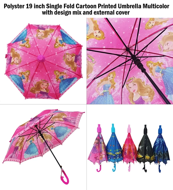 Polyster Mix Color Multi Cartoon Printed With Cup Kids Umbrella Size 19 Inches - 19 Inches, 6