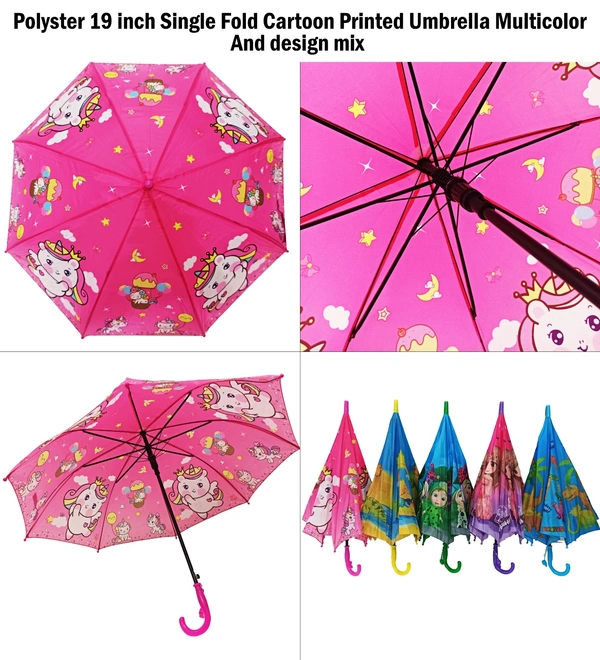 Polyster Multi Cartoon Printed Mix Color Kids Umbrella Size 19 Inches - 19 Inches, 6