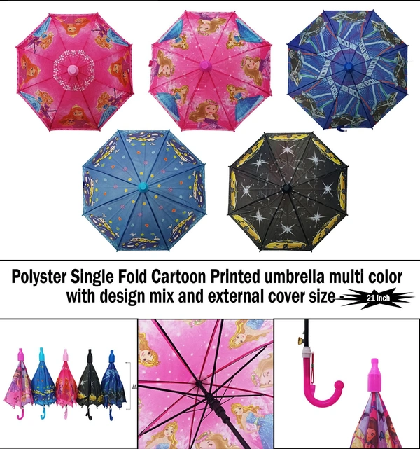 Polyster Single Fold Cartoon Printed Cup Umbrella Multi Color With Design Mix And External Cover Sze - 21 Inch - 21 Inch, 6