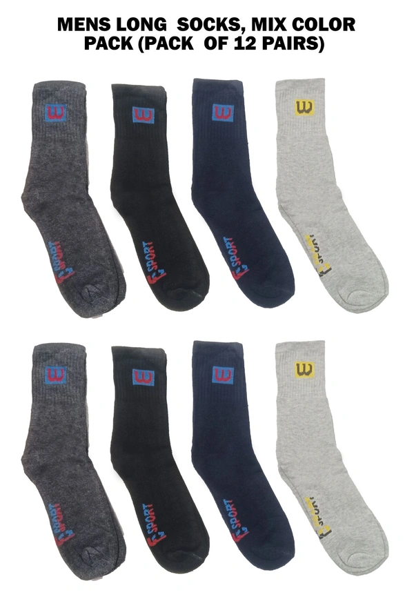 Mens Long  Socks, Mix Color Pack (Pack  Of 12 Pairs) - Free, 12