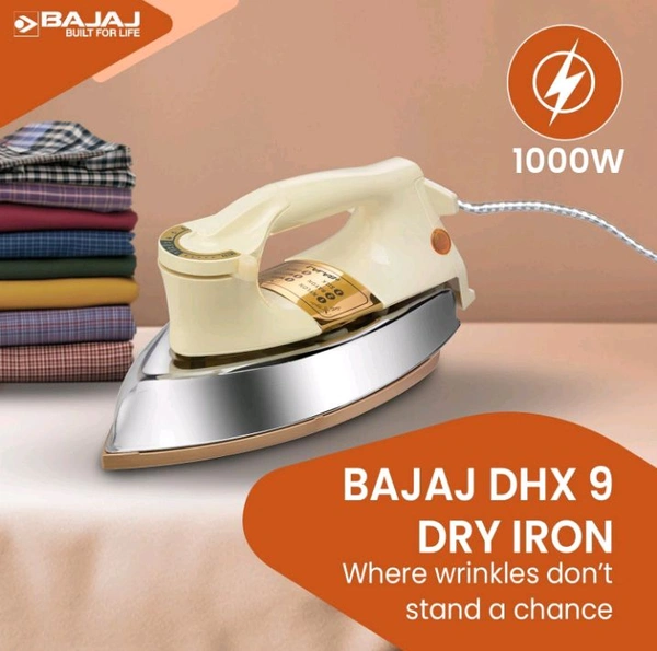 Bajaj DHX-9 1000W Heavy Weight Dry Iron | Advance Soleplate And Anti-Bacterial German Coating Technology | Cord Organizer | Multiple Temperature Levels | 2-Yrs Warranty 【Ivory】