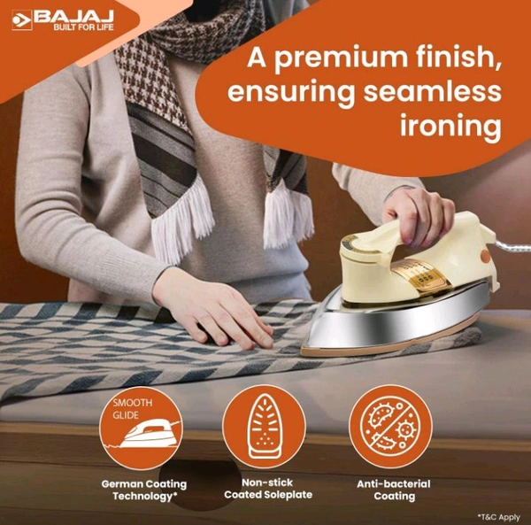 Bajaj DHX-9 1000W Heavy Weight Dry Iron | Advance Soleplate And Anti-Bacterial German Coating Technology | Cord Organizer | Multiple Temperature Levels | 2-Yrs Warranty 【Ivory】