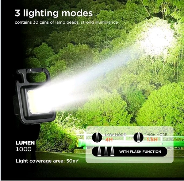 LED Mini Cob Keychain And Magentic Flashlight Portable USB Rechargeable Light 3 Light Modes With Folding Bracket,For Walking Camping?Square?,Black, 1000 Lumen