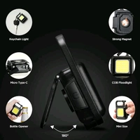 LED Mini Cob Keychain And Magentic Flashlight Portable USB Rechargeable Light 3 Light Modes With Folding Bracket,For Walking Camping?Square?,Black, 1000 Lumen